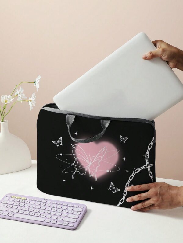 Butterfly & Heart Laptop Bag Geometric Black Zipper Sleeve for School