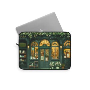 Kawaii Cute Coffee Shop, Green Aesthetic, Cute Laptop Sleeve or iPad Cover