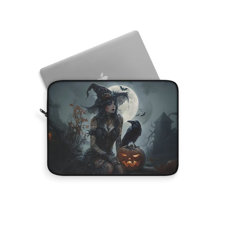 Gray Witch Laptop Sleeve, Witchy iPad Sleeve, Spooky Halloween Themed Computer Tote Bag Gray Witch Laptop Sleeve, Witchy iPad Sleeve, Spooky Halloween Themed Computer Tote Bag